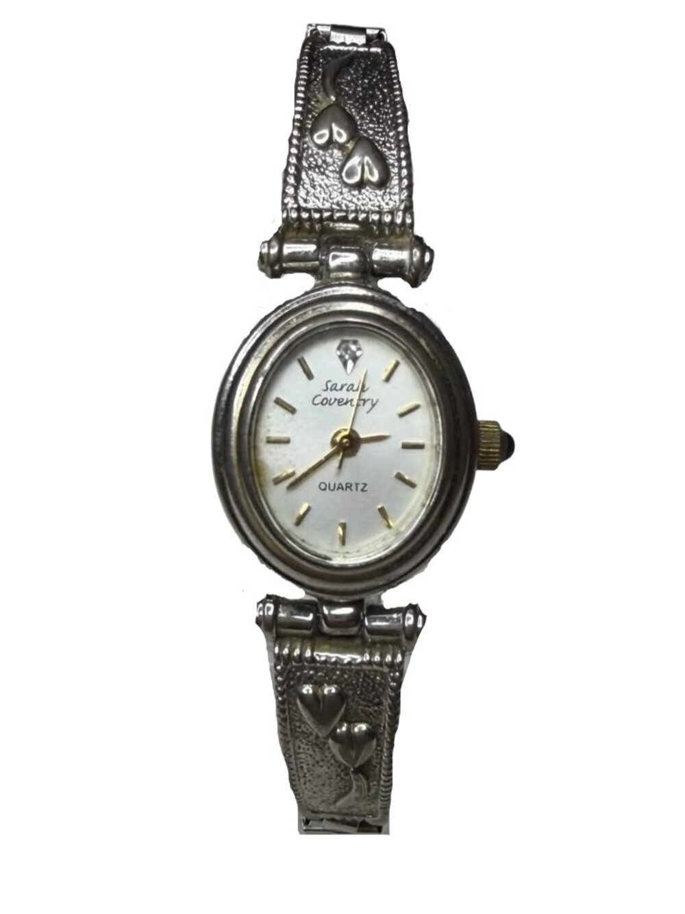 Vintage Sarah Coventry Quartz Watch Silver Tone Heart Stretch Band Oval Face